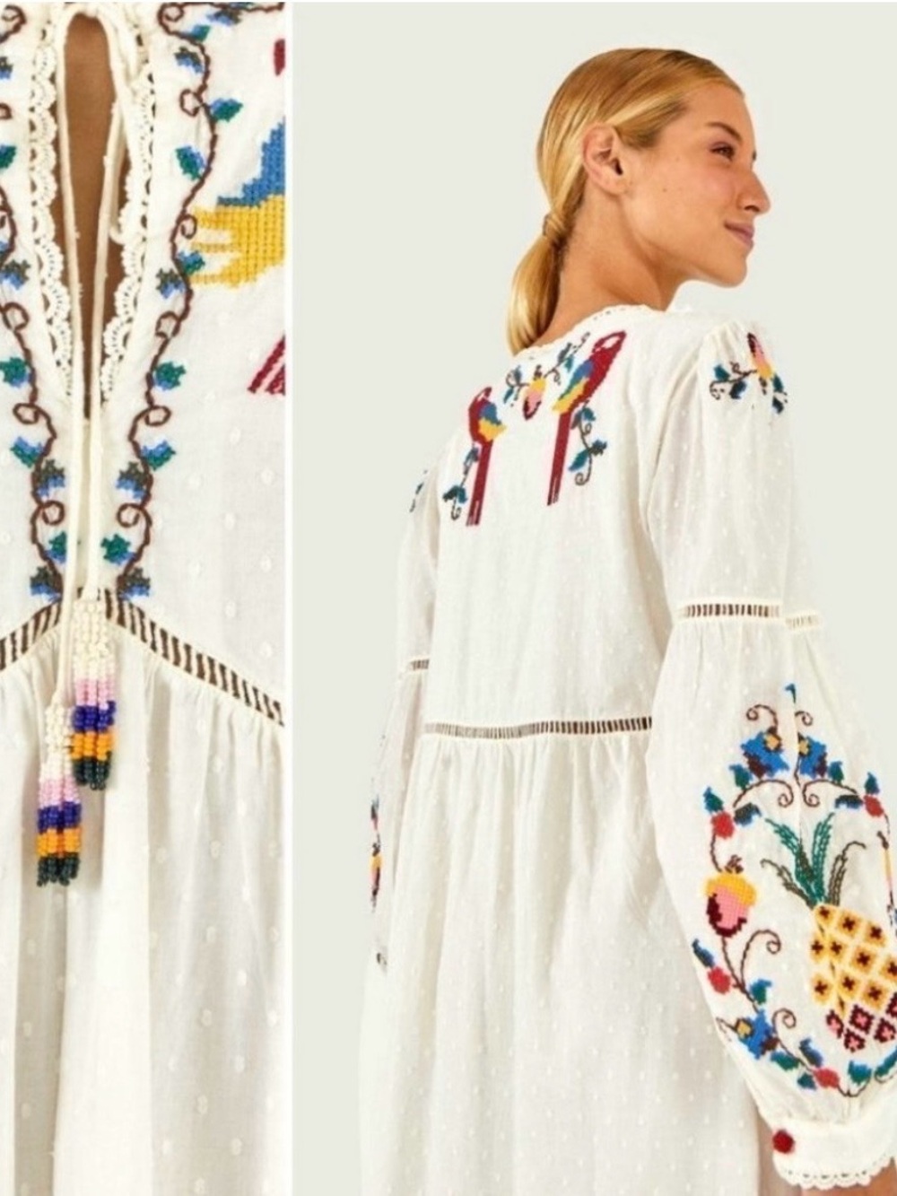 FARM Rio White Macaw Maxi Dress with Multicolor Floral & Pineapple Embroidery - Picture 2 of 16